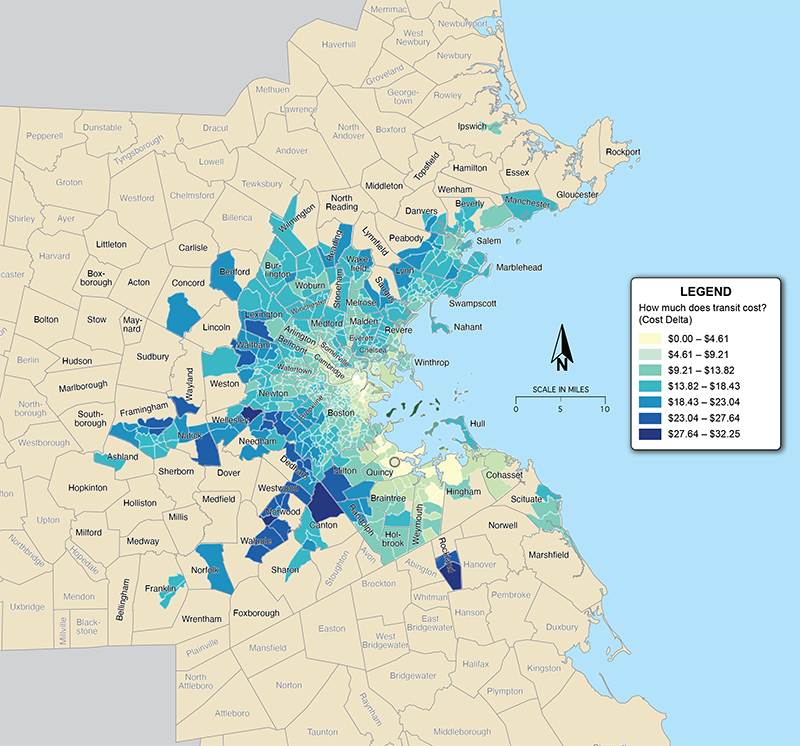 Figure 41 is a map that shows the difference in the value of travel time between drive and public transit trips to Quincy, from all Census tracts in the MPO region.